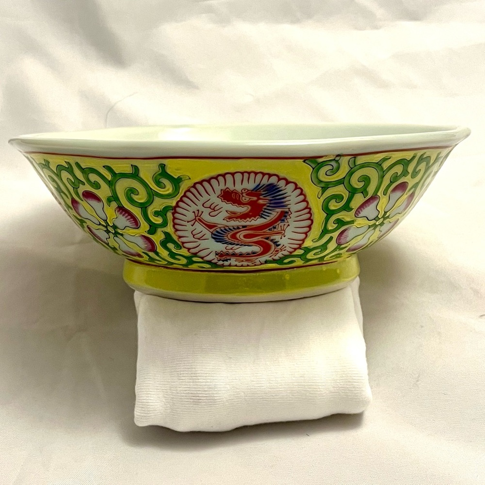 Chinese Dragon &Floral Design Bowl, Yellow & Pink, Marked on bottom, VTG EUC